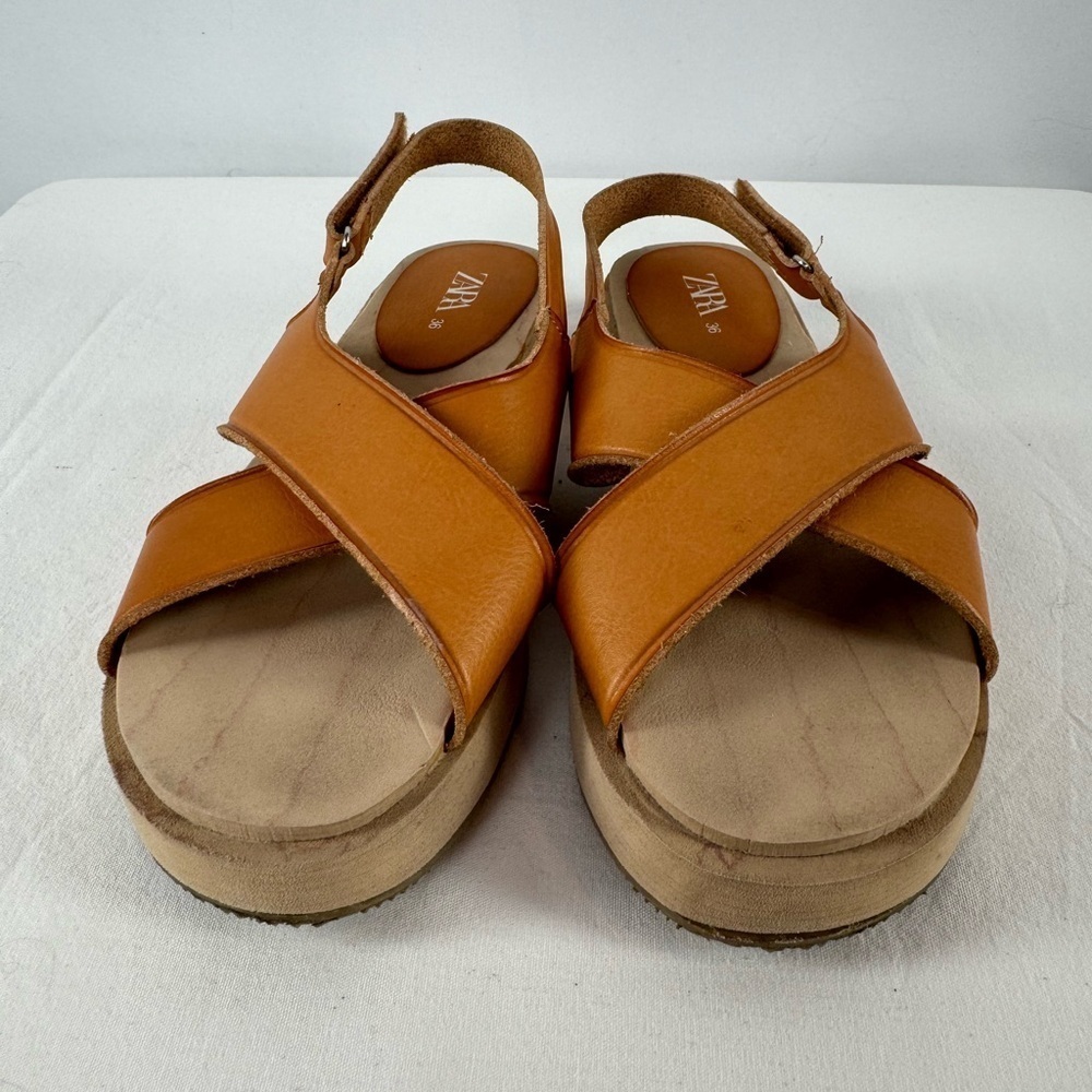 Zara Leather Criss Cross Strap Sandal in Brown Size 6‎ or 36 - Picture 4 of 9